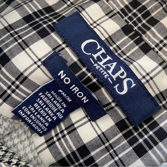 CHAPS BLACK/WHITE HOUNDSTOOTH NO IRON 100% COTTON BUTTON DOWN SHIRT, PETITE MED - Picture 9 of 10